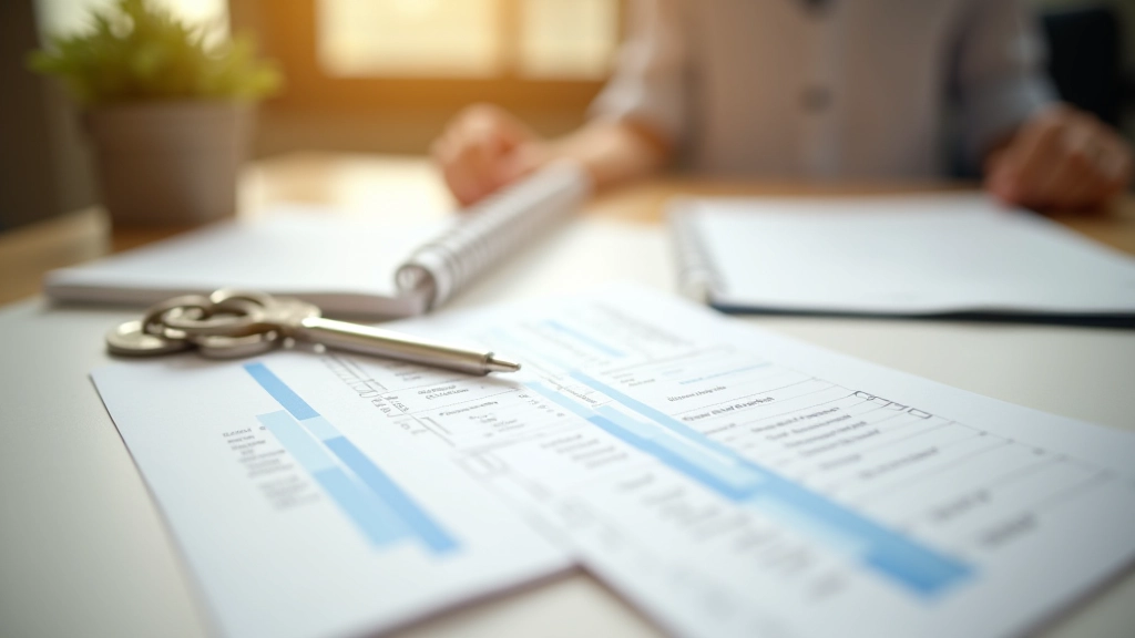 Income tax declaration form with pen and property keys on desk