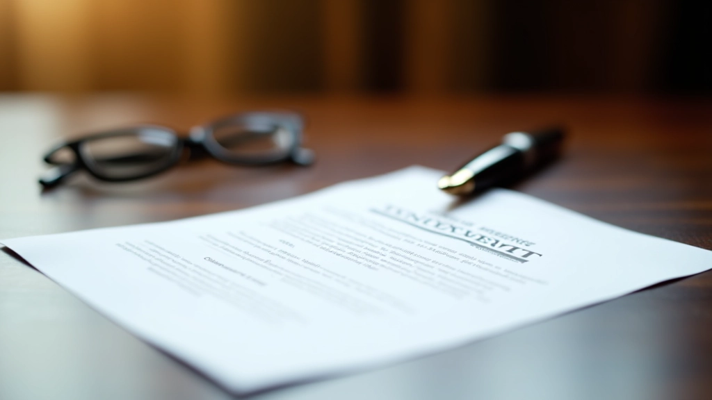 Legal document with pen on wooden desk showing tenancy agreement template